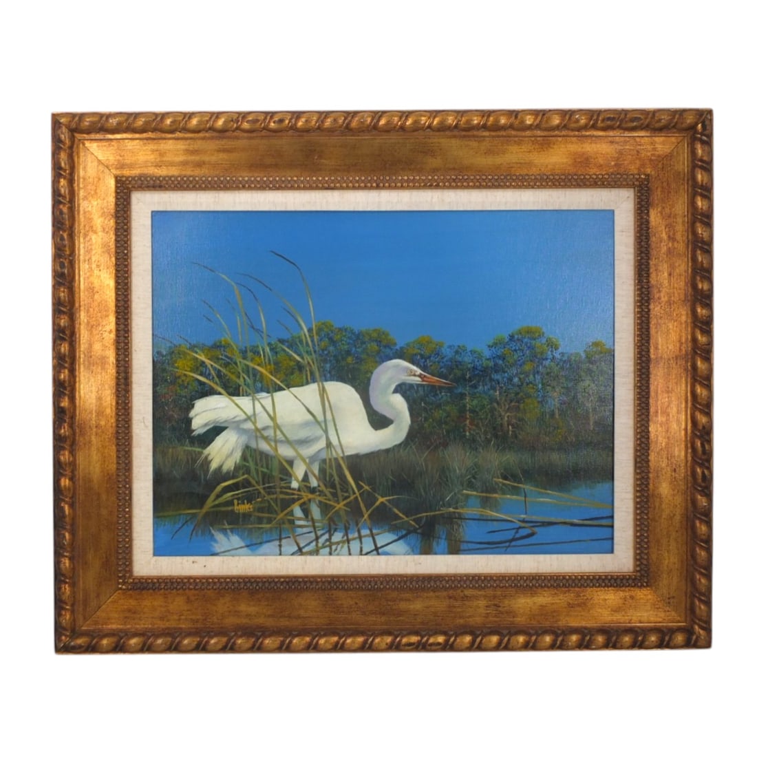Robert Binks Oil on Canvas "White Egret": Robert Binks (American 20th C) Oil on Canvas "White Egret". Signed Lower left. Measures 18" x 24", frame 27-1/2" x 33-1/2".500-700 start 250