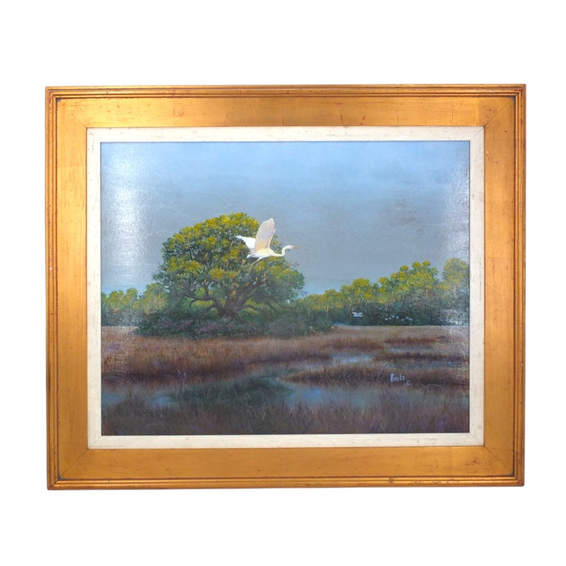Robert Binks Oil on Board "Egret in Everglades": Robert Binks (American 20th C) Oil on Board "Egret in Everglades". Signed Lower right. Measures 24" x 30", frame 32-1/2" x 38-1/2"