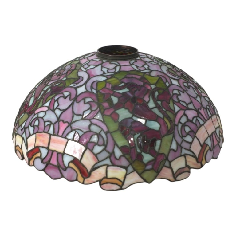 Duffner & Kimberly "Heraldic" Lamp Shade: Rar Duffner & Kimberly "Heraldic" Leaded Glass Lamp Shade. Unmarked. Measures 8-3/4" H x 20" W. Condition: 2 dings/bends at rim, with loose glass, no loss; small hairlines, overall good condition.