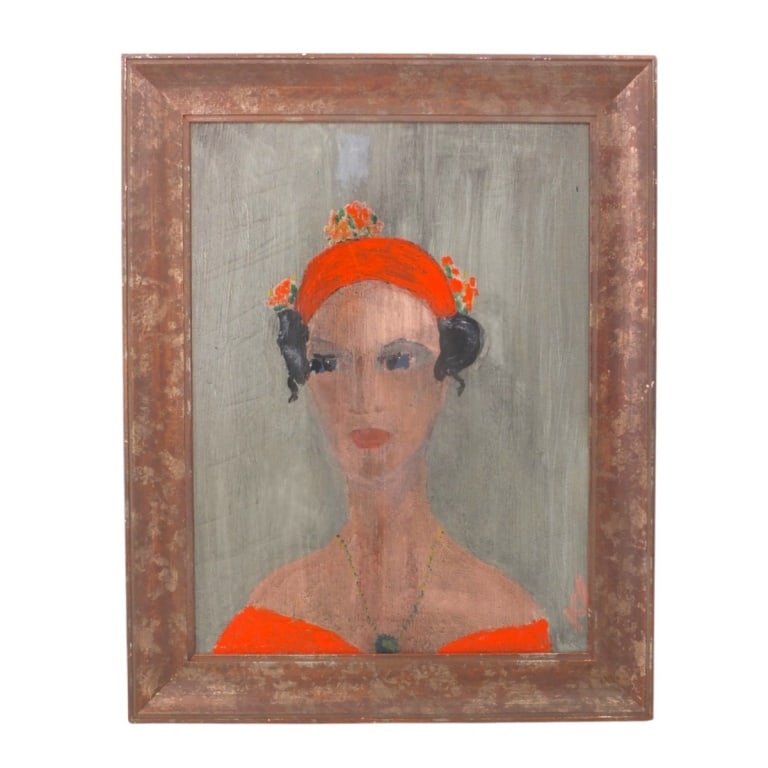 Kate Lang Folk Art Oil/Canvas "Lady in Red": Kate Lang (American, 1921-1996) Contemporary Folk Art Oil on Canvas "Lady in Red". Signed and dated 5/1991 verso. Measures 24" x 18", frame 29" x 23". Condition: Good condition. Estimate 150 - 1000