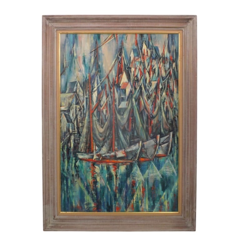 Mid Century Impressionist Oil/Canvas "Busy Harbor": Mid Century Impressionist Oil on Canvas "Busy Harbor". Signed S. Osburn lower left. Measures 36" x 24", frame 42" x 30". Condition: Good condition. Estimate 200 - 1000 Domestic shipping Third Party