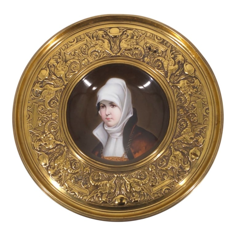 19 C German Hand Painted Portrait Plate in Bronze: 19 C German Hand Painted Portrait Plate Mounted in Gilt Bronze Frame. Unsigned. Measures 12" diameter overall, the plate 6". Condition: Good condition. Estimate 160 - 1000 Domestic shipping Third