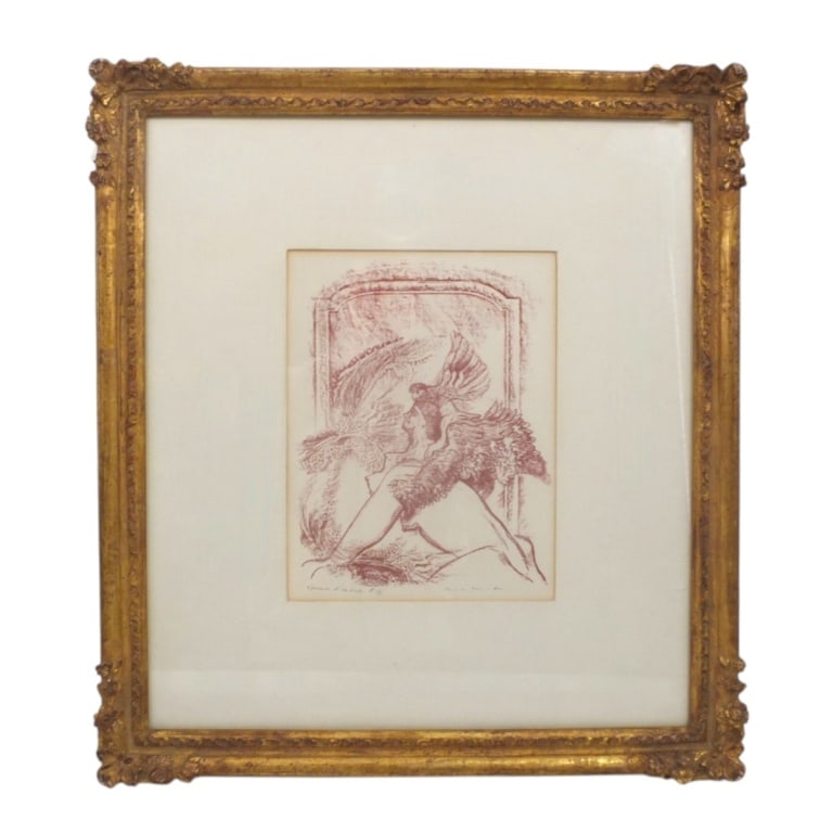 Max Ernst Lithograph in Red "Sphinx" Signed: Max Ernst Lithograph in Red "Sphinx". Signed and inscribed epreuve d'artiste II/X in pencil (an artist's proof aside from the numbered editions). Framed and presented under glass. Measures 10-1/2" x