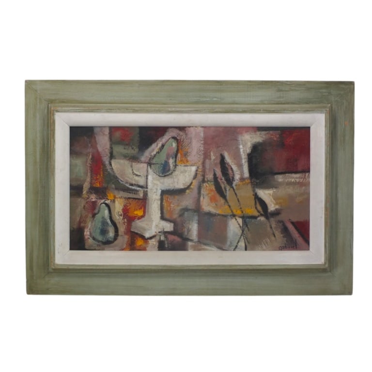 Modernist Oil/Masonite "Still Life" Signed Gabriel: Vintage MCM Modernist Oil on Masonite "Still Life". Signed Gabriel lower right, inscribed verso: #356 Gabriel. Measures 14" x 26-1/2", frame measures 23-1/2" x 36". Condition: Good condition.