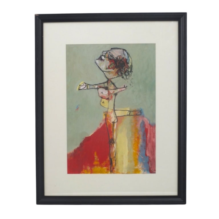 Temo Javakhi Expressionist Oil/Paper "Impression": Temo Javakhi/Temo Djavachishvili (Georgian, 20th C) Expressionist Oil on Paper "Impression". Signed lower right. Inscribed verso "Gallery Universe, Tbilisi. Framed and under glass, Measures 16" x 11"