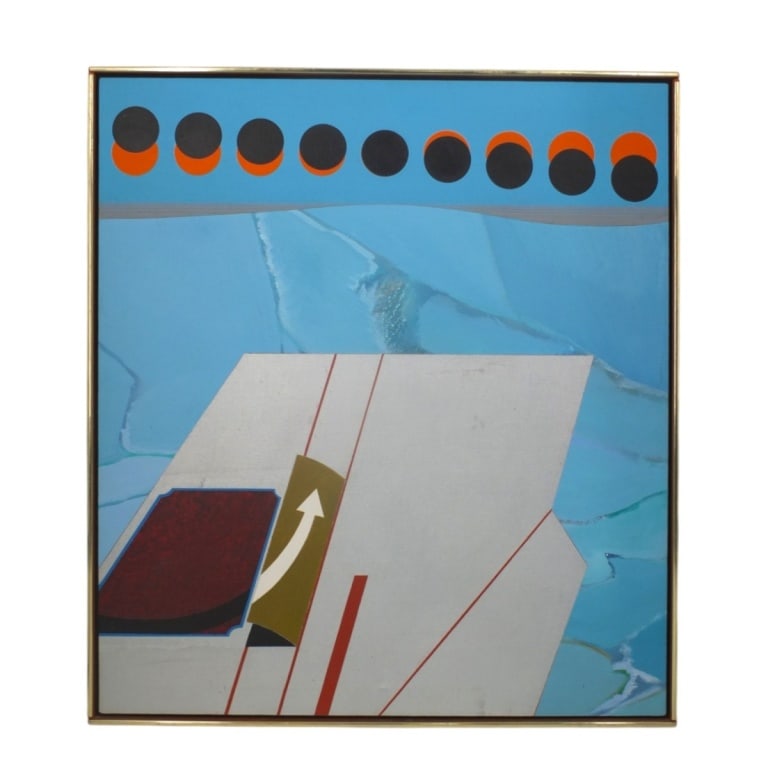 David Pense Oil on Canvas "Eclipse" 1969: David Pense (American, 20th C) Oil on Canvas "Eclipse" 1969. Signed, titled and dated verso. Measures 36" x 32", frame 37-1/4" x 33-1/4". Estimate 100 - 1000 Domestic shipping Third Party