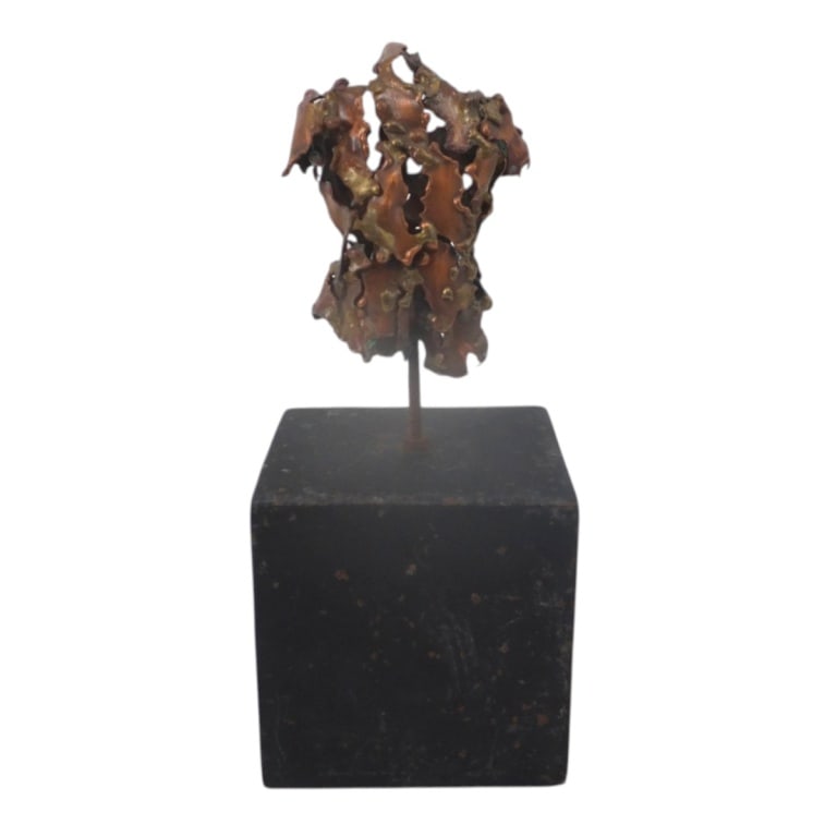 Brutalist Figurative Copper "Torso" Sculpture: Brutalist Figurative Welded Copper "Torso" Sculpture on Metal Base. Unsigned. Measures 9-1/4" H x 4" x 4". Condition: some wear to base or in good condition. Estimate 80 - 160 Domestic shipping Third
