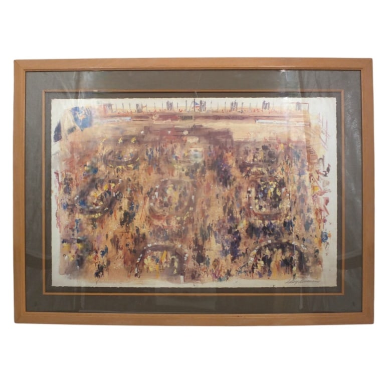 LeRoy Neiman (1921-2012) Serigraph "Stock Market": LeRoy Neiman, American (1921-2012) Serigraph "Stock Market". Signed in plate. Framed and under glass. Full deckled sheet measures 22" x 31-1/2", frame measures 31-1/2" x 42-3/4". Condition: Light