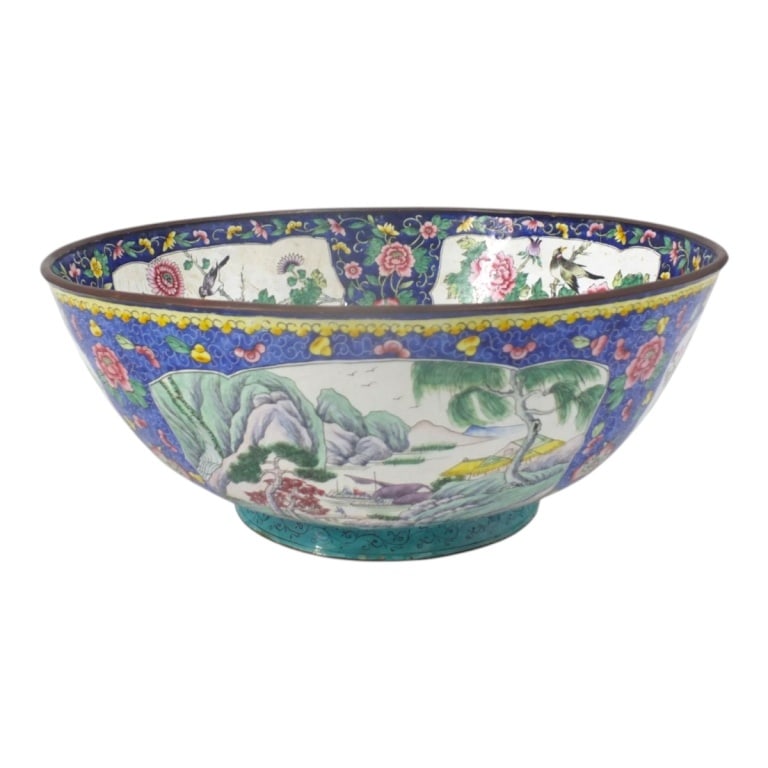 Antique Chinese Canton Enamel Punch Bowl: Antique Chinese Canton Enamel Punch Bowl. Unmarked. Measures 5" x 12". Condition: Craquelure to enamel, condition consistent with age. Estimate 100 - 300 Domestic shipping Third Party