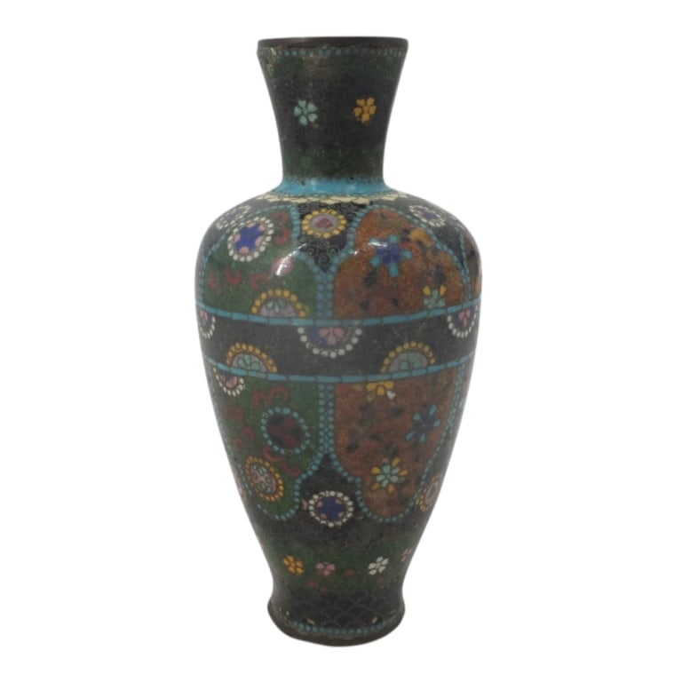 Vintage Chinese Cloisonne Vase: Vintage Chinese Cloisonne Vase. Unsigned. Measures 8-1/4" H. Condition: Dent at base, condition consistent with age and use. Estimate 60 - 120 Domestic shipping Third Party