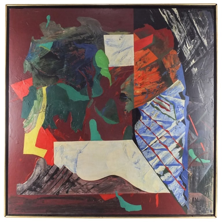 Mid Century O/C Signed A.M.: Mid Century Oil on Canvas "Abstract Composition" Signed A.M. Lower Right. Measures 35-1/2" x 35-1/2". Frame measures 37-3/8" x 37-3/8". Condition: Good condition. Estimate 500 - 800 Domestic shipping