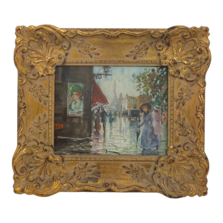 Mid Century Belgian Oil on Canvas "Paris Street": Mid Century Belgian Oil on Canvas "Paris Street Scene" Unsigned. Measures 8" x 10", frame measures 13-3/4" x 15-3/4". Condition: Good condition. Estimate 100 - 200 Domestic shipping Third Party