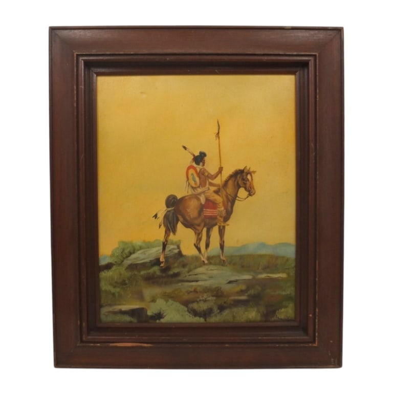 Vintage L. Rao Canvas Print "Native American": Vintage L. Rao Canvas Print "Native American". Signed lower right. Measures 20" x 16", frame measures 27" x 23". Condition: Good condition. Estimate 50 - 100 Domestic shipping Third Party