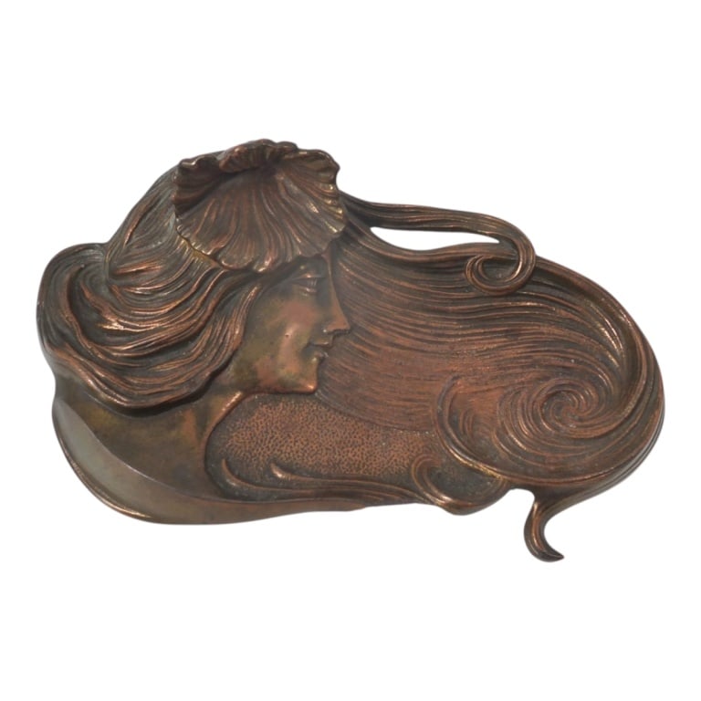 Art Nouveau Cast Bronze Ink Stand, Female Bust: Art Nouveau Cast Bronze Ink Stand. Features a female bust. Marked on bottom A131. Measures 9" x 5" x 3" H. Condition: Missing inkwell or in good condition. Estimate 60 - 120 Domestic shipping Third
