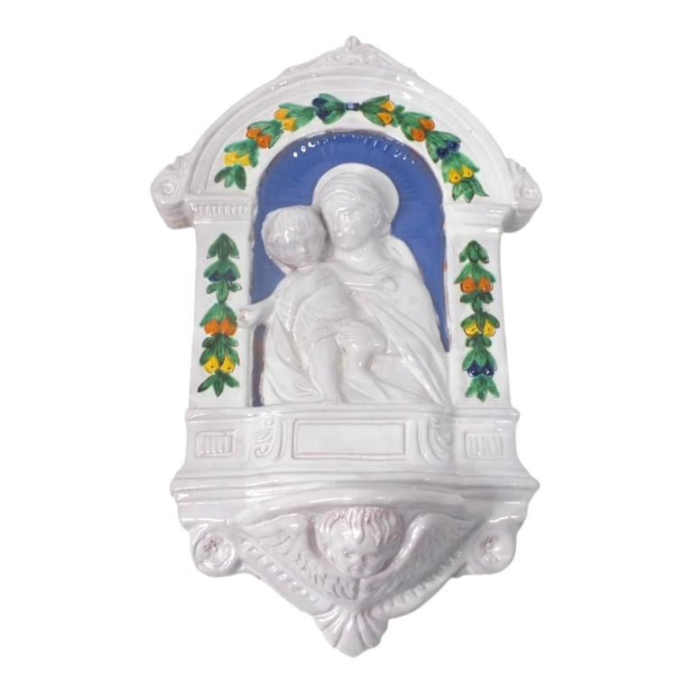 Vintage Majolica Ceramic Wall Stoup "Madonna" (1 of 2)