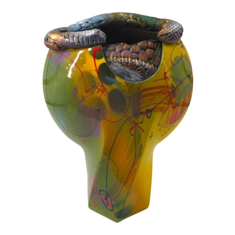 Michael Kifer Studio Ceramic Vase: Michael Kifer Studio Ceramic Vase. Signed and dated '05. Measures 16-1/2" x 13" W x 6-1/2" D. Condition: Good condition. Estimate 200 - 400 Domestic shipping Third Party