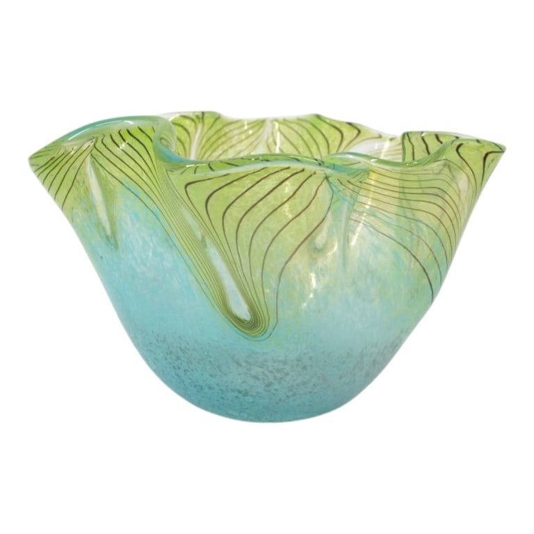 Murano Glass Peacock Feather Vase: Murano Glass Peacock Feather Vase. Unsigned. Measures 5-1/4" H x 8-1/2" W. Condition: Good condition. Estimate 60 - 120 Domestic shipping Third Party