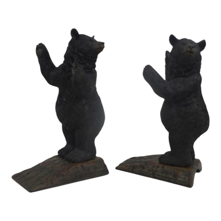 Pair of Bear Bookends: Pair of Vintage Carved Wooden Bear Bookends with Polychrome Metal Bases. Measures 8-3/4", 5", 5". Condition: Good condition. Estimate 100 - 300 Domestic shipping Third party