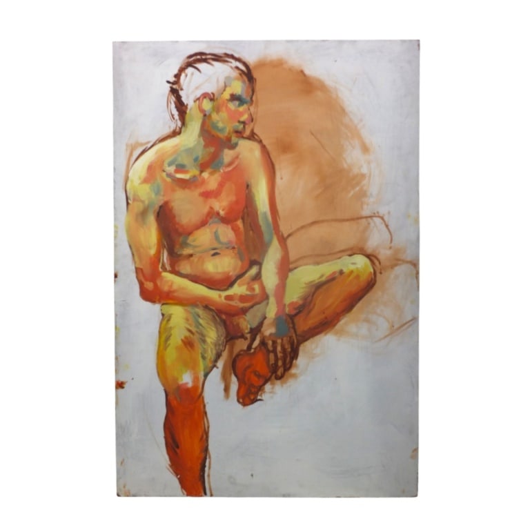 Harper Marchman Jones Oil on Masonite "Male Nude": Harper Marchman Jones Oil on Masonite "Male Nude". Labeled, Inscribed "Harper" verso. Unframed. Measures 48" x 32". Condition: Good condition with minor soiling from storage. Estimate 160 - 1000