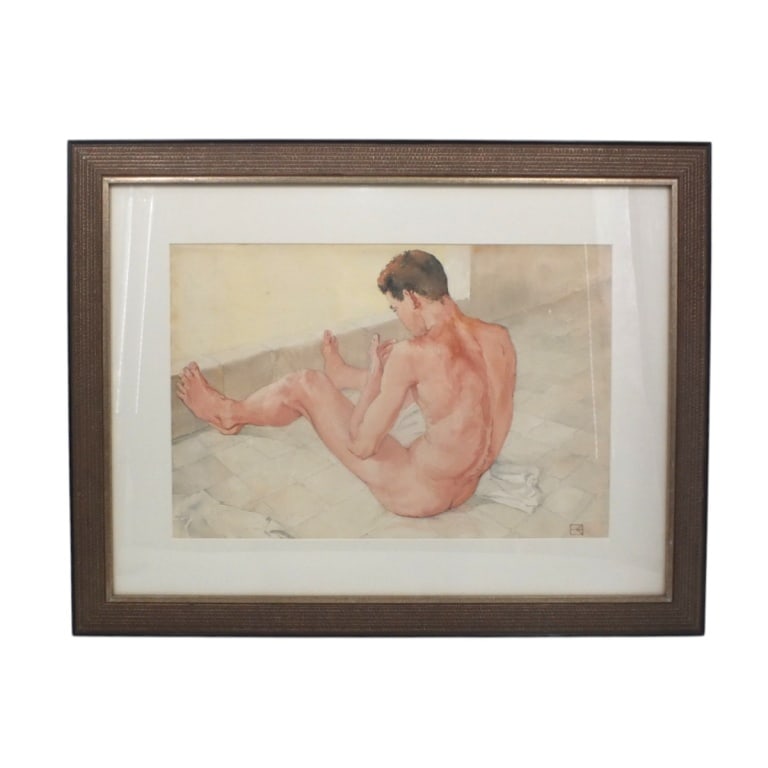 Signed Watercolor "Study of a Male Nude": Well framed watercolor on paper "Study of a Male Nude". Monogram signature lower right. Framed and under glass. Measures 14" x 21" (sight), frame 24" x 31" Condition: Good condition. Estimate 150 -