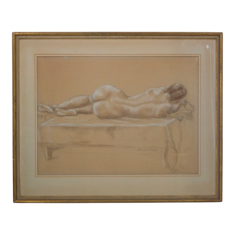 Florence L. Ohringer, American (20th Century): Florence L. Ohringer, American (20th Century) Gouache on paper "Sleeping Nude" Signed Lower Right. Sight measures 18" x 24-1/4". Frame measures 25-3/4" x 31-3/4". Condition: Toning and light foxing to