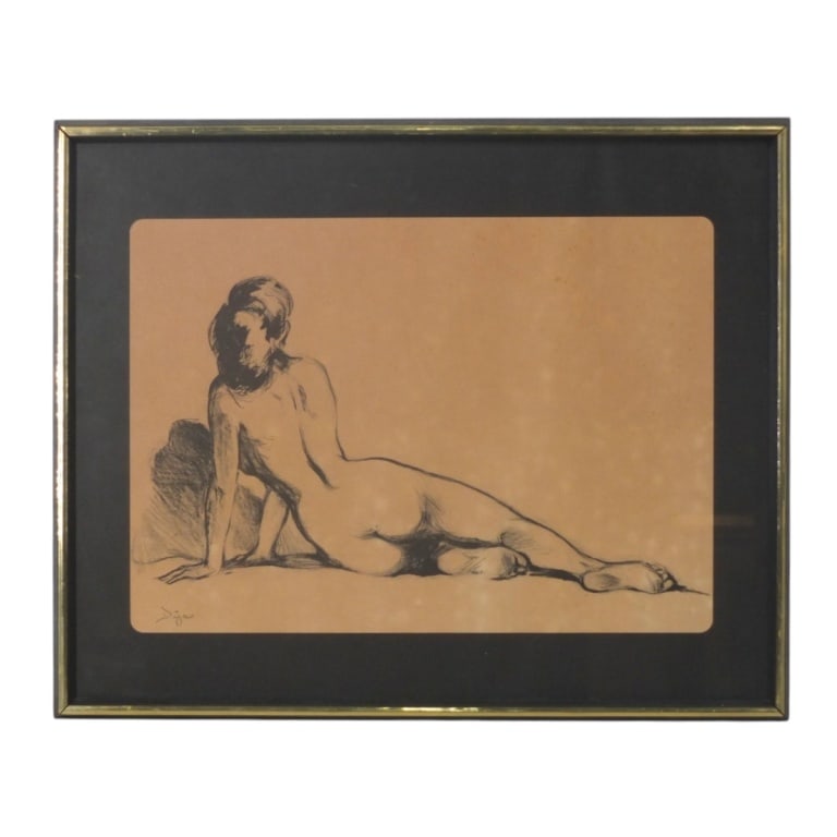 after Degas Off Set Lithograph "Study of Nude": after Edgar Degas (French, 1834-1917) Off Set Lithograph "Study of Nude". Signed in plate. Framed and under glass. Measures 11-1/2" x 16-1/2" (sight), frame 17" x 21". Condition: toning from age. Esti