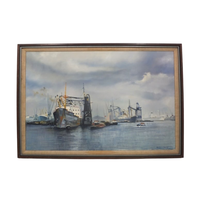 Martin Smith Oil on Canvas "Busy Port Scene": Martin Smith (20th C) Oil on Canvas "Busy Port Scene" . Signed lower right. Measures 23-1/4" x 35-1/2" (sight), frame 26-3/4" x 38-3/4". Condition: A few light scuffs from storage or in good