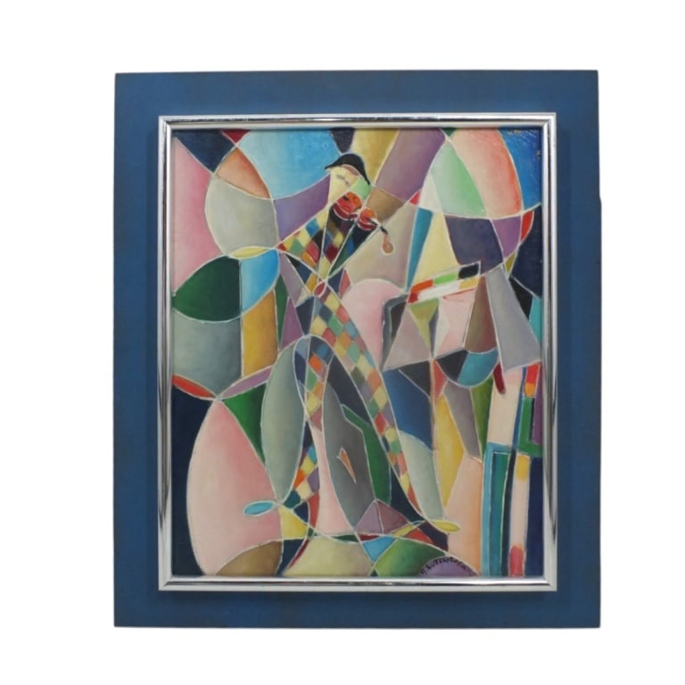 Arthur Lutenbacher Oil/Canvas "Cubist Musician": Arthur Lutenbacher (1916-1993) Mid Century Oil on Canvas "Cubist Musician". Signed lower right. Measures 17-3/4" x 14-3/4", frame measures 23" x 20". Condition: Small area of paint loss upper right