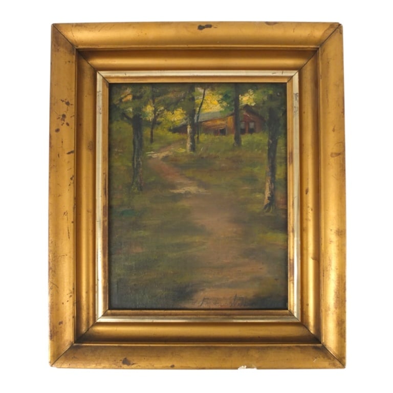 Francis Wilbur Oil/Panel "House in the Woods": Francis Parker Wilbur (American 20th C) Oil on Panel "House in the Woods". Signed lower right. Measures 10" x 8", frame 13-1/2" x 11-1/2". Condition: Wear to frame or in good condition. Estimate 120