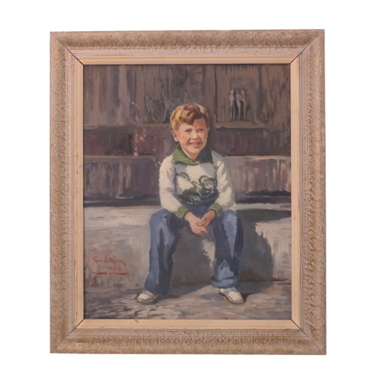 Liev Eriksen (20 C) Oil/Masonite Portrait of a Boy: Liev Eriksen (Norwegian, 20 C) Oil on Masonite "Portrait of a Boy" Signed and dated 1953 lower left. Measures 18" x 15", frame 22" x 18-3/4". Condition: Good condition. Estimate 120 - 1000 Domestic