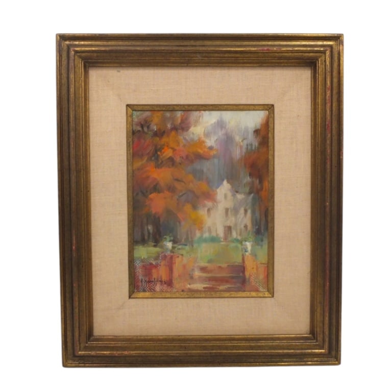 Antonis Karafyllakis Oil/Canvas Board, Country Home: Antonis Karafyllakis (Greek, 1908-1983) Oil on Canvas Board "Country Home". Signed lower left. Measures 12" x 9", frame measures 20-1/2" x 17-1/2". Condition: Good condition. Estimate 100 - 1000