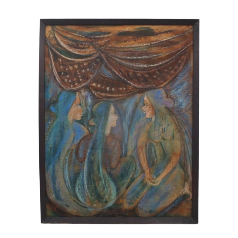 Nalini Jayasuriya Sri Lanka Mixed Media on Linen: Nalini Jayasuriya (Sri Lanka, 1927-2014) Mixed Media on Linen laid down on masonite "3 Women". Inscribed verso, label from Sri Lanka framer. Measures 28" x 21-1/2" (sight), frame 29-1/2" x 23".