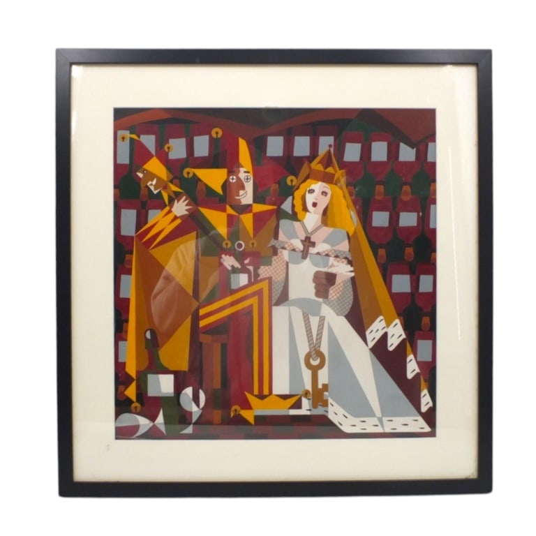 Possibly Emilio Pettoruti Cubist Oil Painting: Possibly Emilio Pettoruti (Argentine, 1892-1971) Cubist Oil on ? Painting "Princess and Jesters". No visible signature. Framed and presented under glass. The work has not been removed from frame.