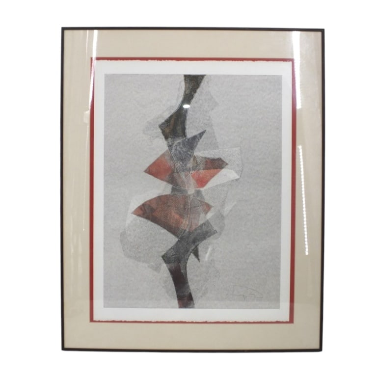 Mystery Artist Abstract Geometric Lithograph: Mystery Artist Abstract Geometric Lithograph. Signed in pencil lower right, illegibly. Framed and under glass. Full sheet measures 26-1/2" x 20", frame 33-1/4" x 27". Condition: Good condition.