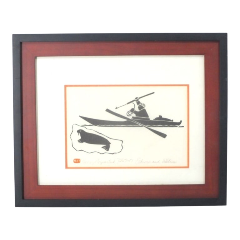 Henry Napartuk Stone Cut Print "Eskimo & Walrus": Henry Napartuk (Canadian, 1932-1985) Stone Cut Print "Eskimo & Walrus". Pencil signed, titled in lower margin. Framed and under glass. Measures 6" x 9", frame 13" x 16". Condition: Good condition. Est