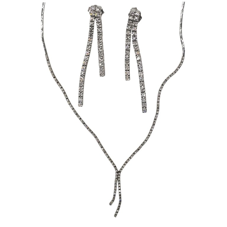 3 Pc. 14K and Diamond Suite: 3 Pc. 14 Karat White Gold and Diamond Earring and Necklace Suite. Earrings measure 1-1/2". Necklace 18" L. Approx. weight: 20.7 grams. Please note: Due to increased fraudulent activity, customers