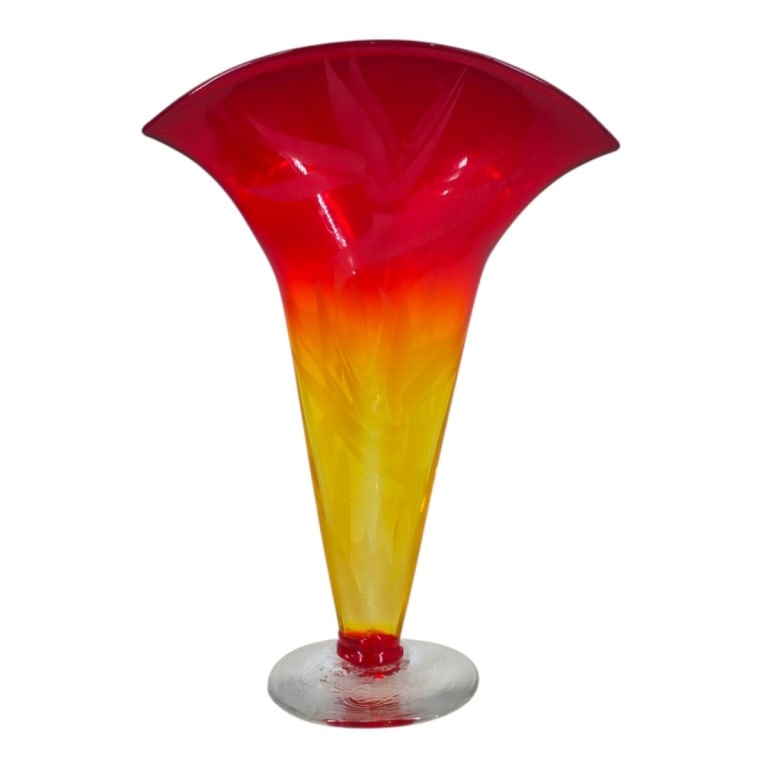 Jaguar Art Glass Etched Bird of Paradise Fan Vase: Blenko Jaguar Art Glass Etched "Bird of Paradise" Fan Vase. . Etched floral motif on red to yellow glass, clear foot. Signed and dated 200? on bottom. Measures 12-1/2" x 9". Condition: Good condition