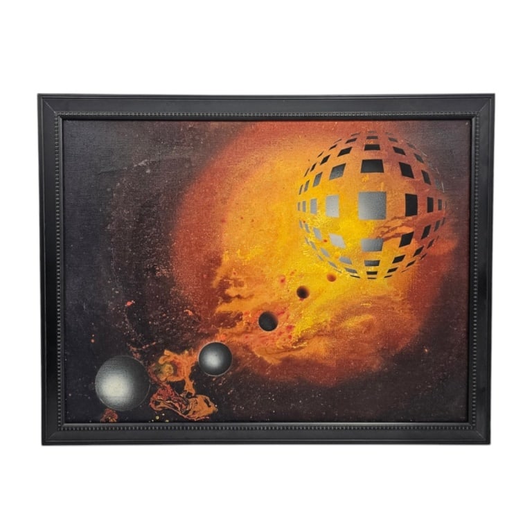 ALBIE 1976 Oil on Canvas "Space Age Composition": ALBIE (20th C) 1976 Oil on Canvas "Space Age Composition". Signed and dated lower right. Measures 18" x 24", frame 21" x 26-3/4". Condition: Good condition. Estimate 100 - 300 Domestic shipping Third