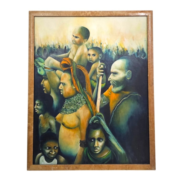 1970 Figurative Oil on Board, Kenyan Family: 1970 Figurative Oil on Board "The Family Portrait". Signed T. Blackley and dated '70 lower right, inscribed verso. Measures 36" x 28", frame 38-1/4" x 30-1/4". Condition: Good condition. Estimate 100