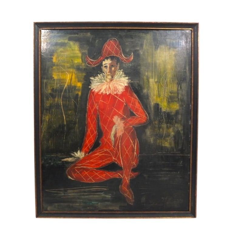 Lopez Mozos Oil on Board "Harlequin": Antonio Lopez de Los Mozos (Spanish, 1933-1991) Oil on board "Harlequin". Signed Lopez Mozos lower right. Measures 24" x 20", frame 25-3/4" x 21-3/4". Condition: Good condition. Estimate 100 - 1000