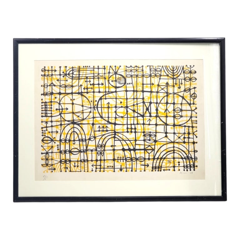 Mario Molli Lithograph "Abstract Composition": Mario Molli (Italian, b. 1932) Lithograph "Abstract Composition". Pencil signed, dated '67, numbered 77/100. Framed and under glass. Measures 18" x 25-1/4", frame 24-1/4" x 31-1/2". Condition: Good