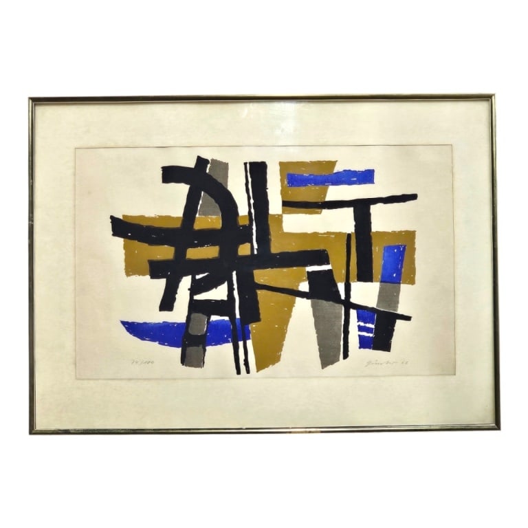 Heinz Gunther Lithograph "Abstract Composition": Heinz Gunther Lithograph "Abstract Composition". Pencil signed, dated '63 and numbered 74/100. Artist info affixed to verso. Framed and under glass. Measures 14" x 23" (sight), frame 20-1/2" x