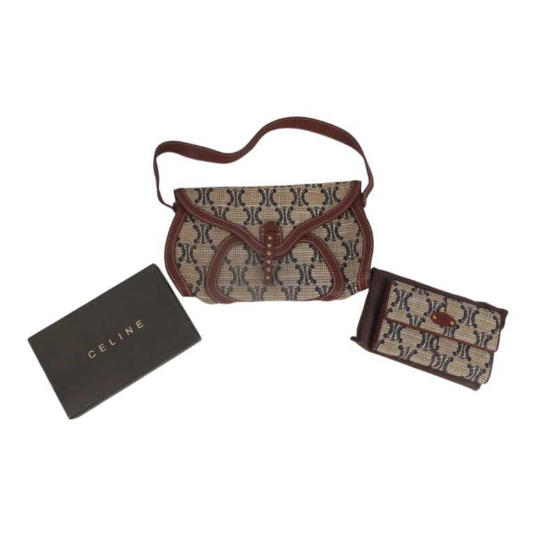 Celine Triomphe Beige Hobo Bag & Wallet: Celine Triomphe Beige and Blue Denim Hobo Shoulder Bag and Wallet. The bag with brown leather strap and accents, fabric interior, gold tone hardware. The wallet with leather interior, with dust bag, o