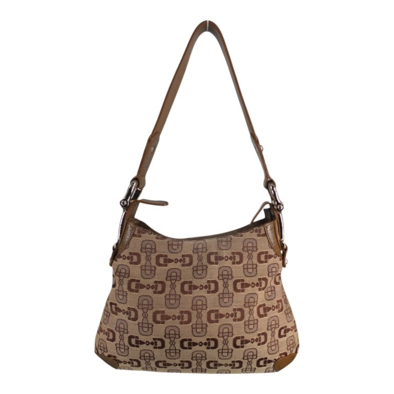 Gucci Horsebit Beige & Brown Canvas Hobo Bag: Gucci Horsebit Beige & Brown Canvas Hobo Bag. Brown fabric interior with zippered and cell phone pockets, silver tone hardware, adjustable strap, zipper closure. Labeled appropriately Serial #106494 0