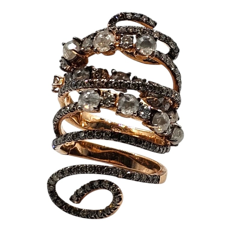 Vintage 18K Rose Gold Diamond Ring: Fancy Vintage 18 Karat Rose Gold Salt and Pepper Diamond Designer Ring. Stamped. Size: 7. Approx. weight: 20.1 grams. Please note: Due to increased fraudulent activity, customers without an establishe
