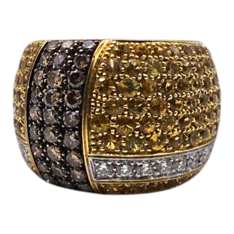 Vintage 18K, Diamond & Sapphire Ring: Vintage 18 Karat Yellow Gold White Diamond, Yellow and Chocolate Sapphire Ring. Stamped. Size: 7.5. 25.7 grams. Please note: Due to increased fraudulent activity, customers without an established bidd