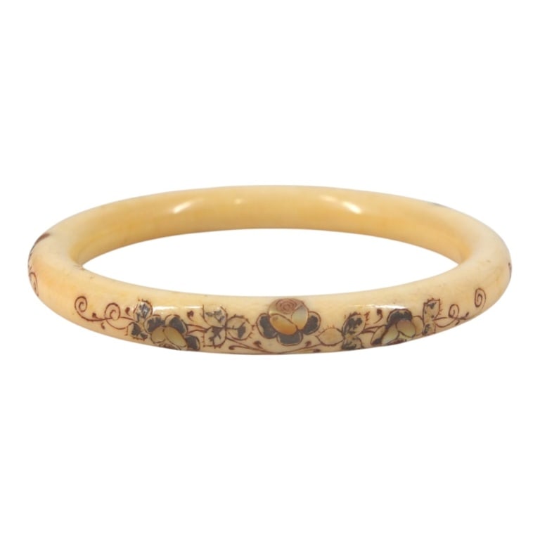 Antique Chinese Carved and Inlaid Bangle Bracelet (1 of 4)