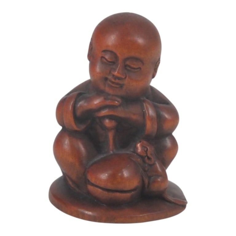 Japanese Carved Boxwood Netsuke "Boy & Rat" (1 of 3)