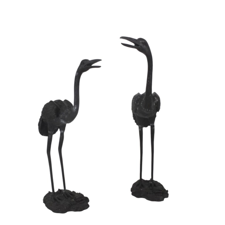 Pair Vintage Metal Crane Garden Sculptures: Pair Vintage Metal Crane Garden Sculptures. Unsigned. Measures 23-1/2" H x 18", 26-1/2" x 23-1/2". Condition: Good condition consistent with age and use. They've picked up a little paint splatter. Est