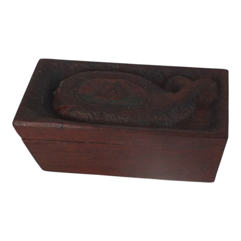Vintage Hand Carved Nautical Folk Art Box: Vintage Hand Carved Nautical Folk Art Box with Whale and Schooner motif. Marked Alan Ct. in marker to bottom, may or may not be the carver. Measures 6" x 14" x 6-1/2". Condition: good condition. Estim